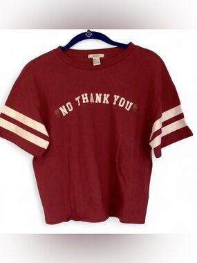 Forever 21 Red and White Graphic T-Shirt with “No Thank You” and Arm Bands Small